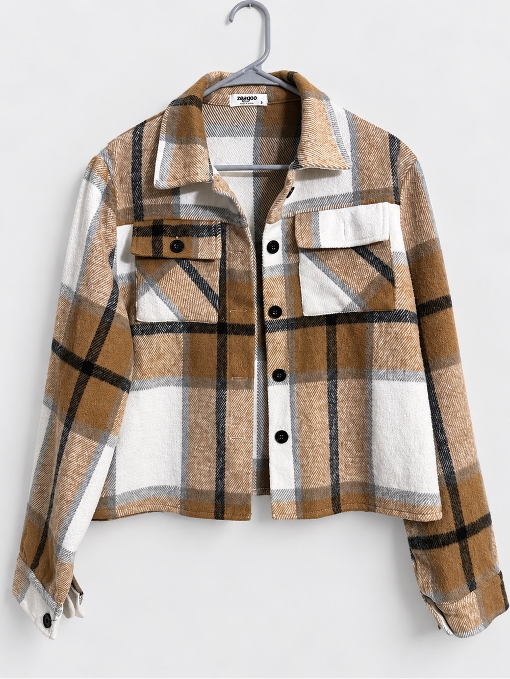 Zeagoo Size S Tan Cream Plaid Cropped Shacket Jacket